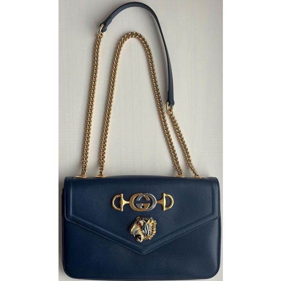 ✨Gucci Rajah Chain Shoulder Bag Leather Medium Blue Handbag Bag - Picture 6 of 16